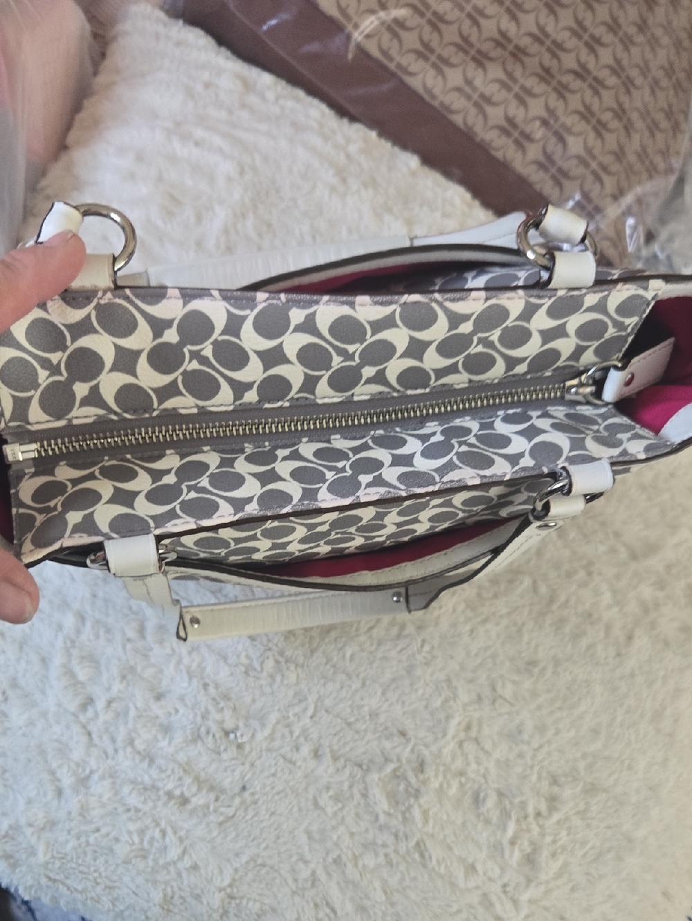 Coach Gray Signature Tote with Pink Stripe and White Trim - Picture 6 of 9